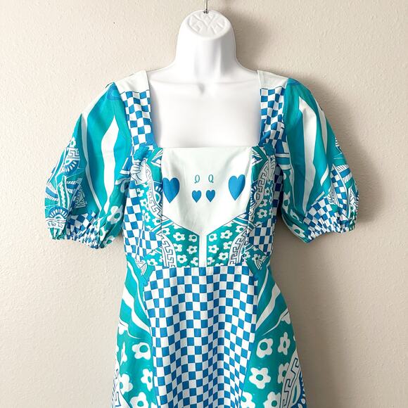 Celina Moon Queen of Hearts Blue Teal Puff Sleeve Midi Dress Women’s Size Medium - Picture 3 of 12